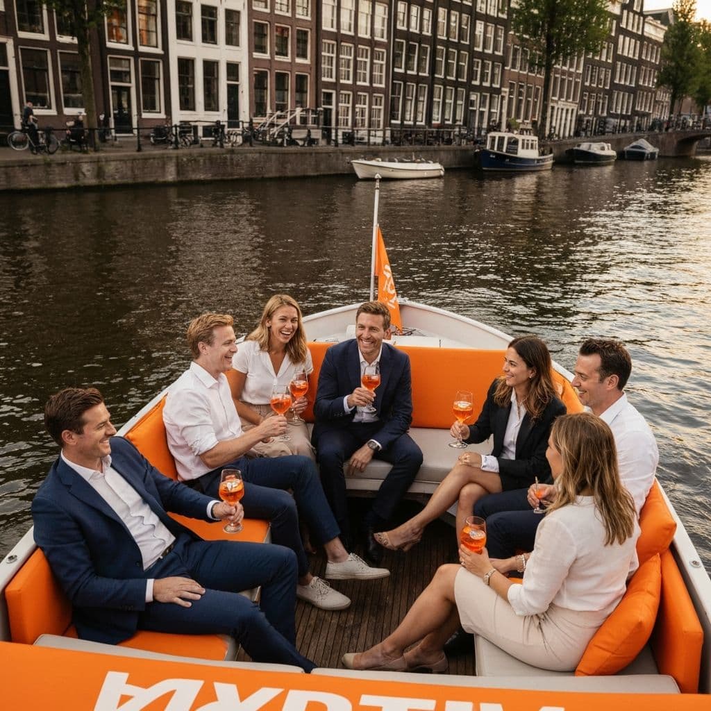 Company outing on the Spritz Cruise Amsterdam with colleagues on an open boat on the canals