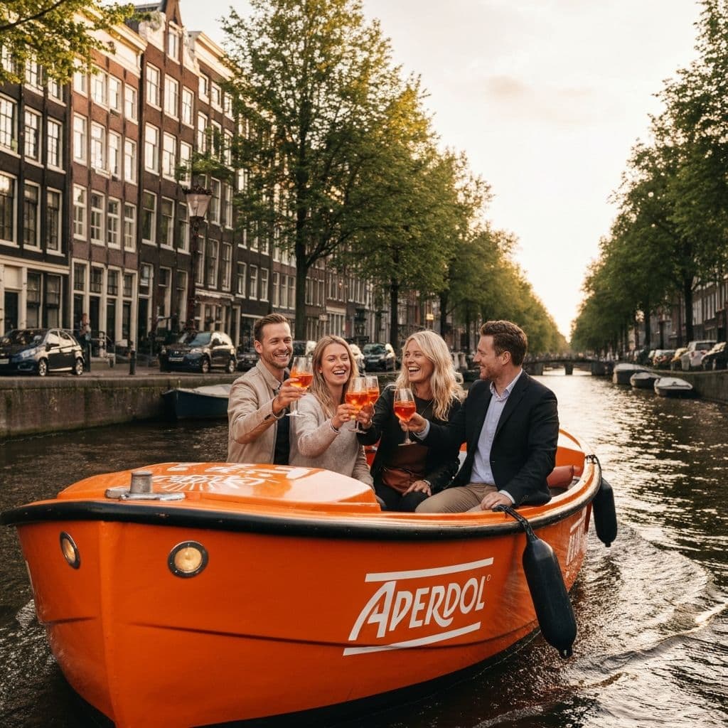 Verjaardag vieren op de Spritz Cruise Amsterdam met vrienden op een open boot op de grachten