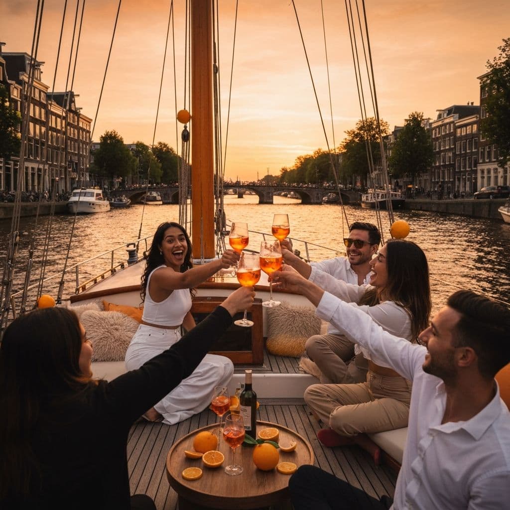 Vrijgezellenfeest op de Spritz Cruise Amsterdam met vrienden op een open boot op de grachten